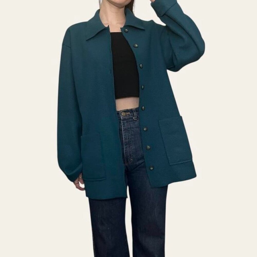 Partners 2000s vintage dark teal fleece button-up shacket felt coat - small - Picture 4 of 8